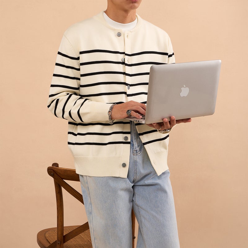 Crewneck Knitted Cardigan Contrast Color Stitching Classic Stripe Design Men'S Winter Thick Button Sweater Jacket Coat - Image 4